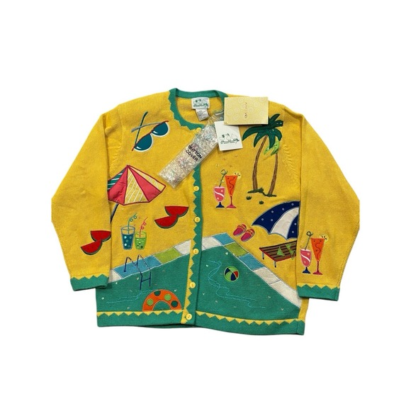 Quacker Factory Sweaters - NWT Quacker Factory Pool Beach Theme Cardigan Sweater Appliqué Beads Women's L